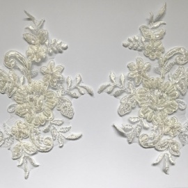 Corded Lace Flower Motifs With Beads x 2 IVORY
